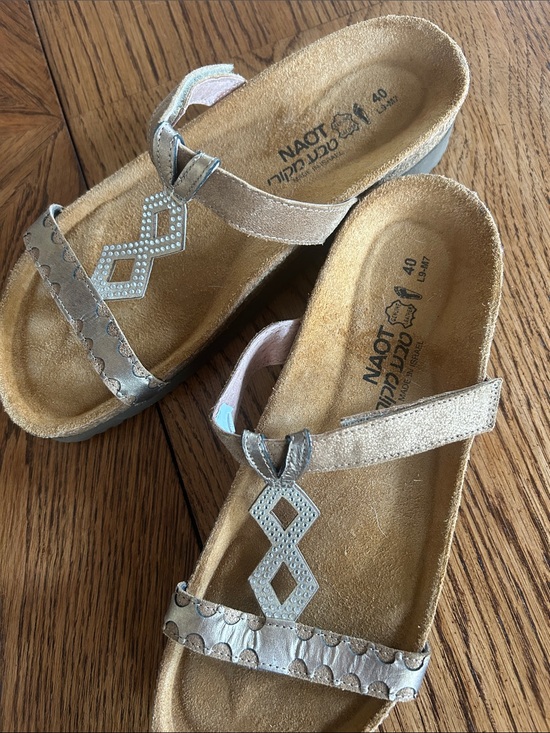 Naot Shoes - Naot Metallic Champagne T-Strap Sandals with Rhinestone Accent
